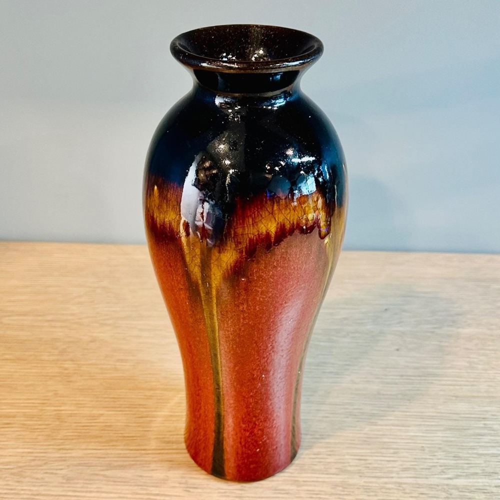 Vintage Oxblood Flambe Glaze Ceramic Vase Red Black Amber 11" Art Pottery